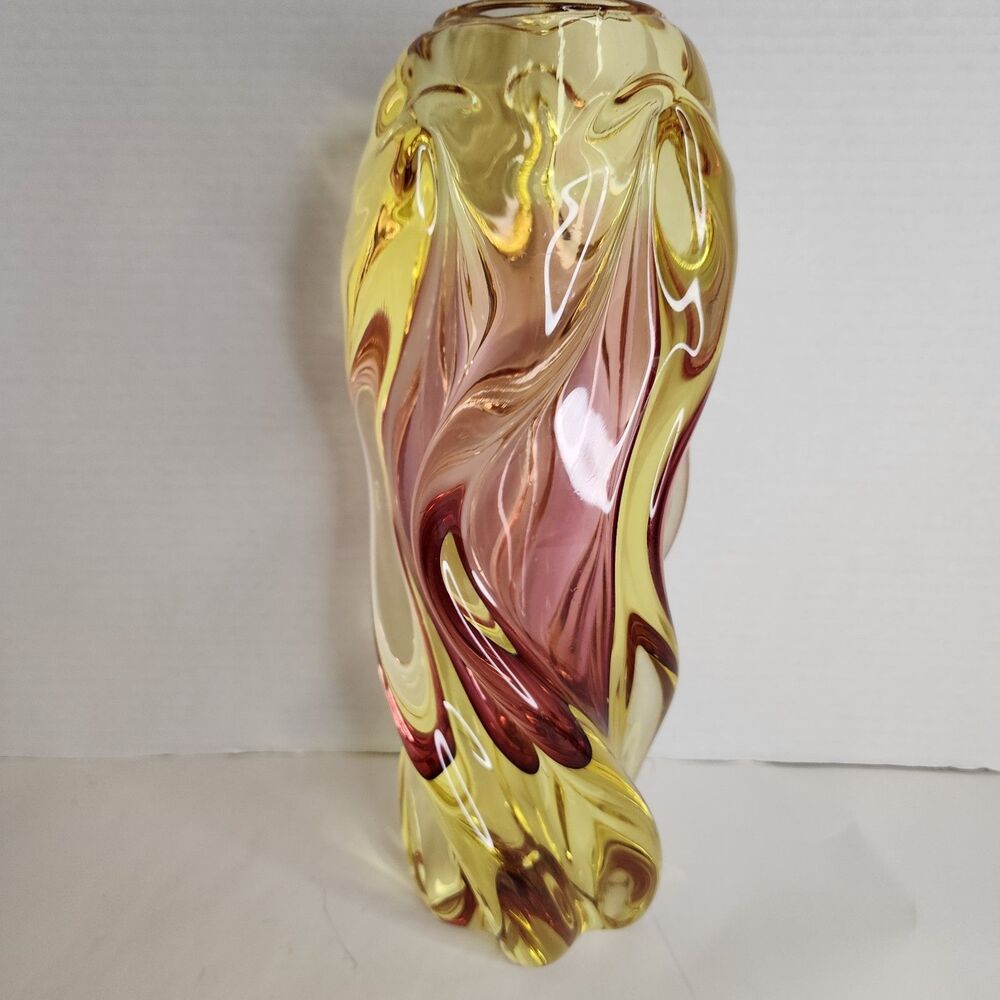 Vintage Hand Made Bohemia Glass Czech Republic Twisted Glass Vase Amber/Pink